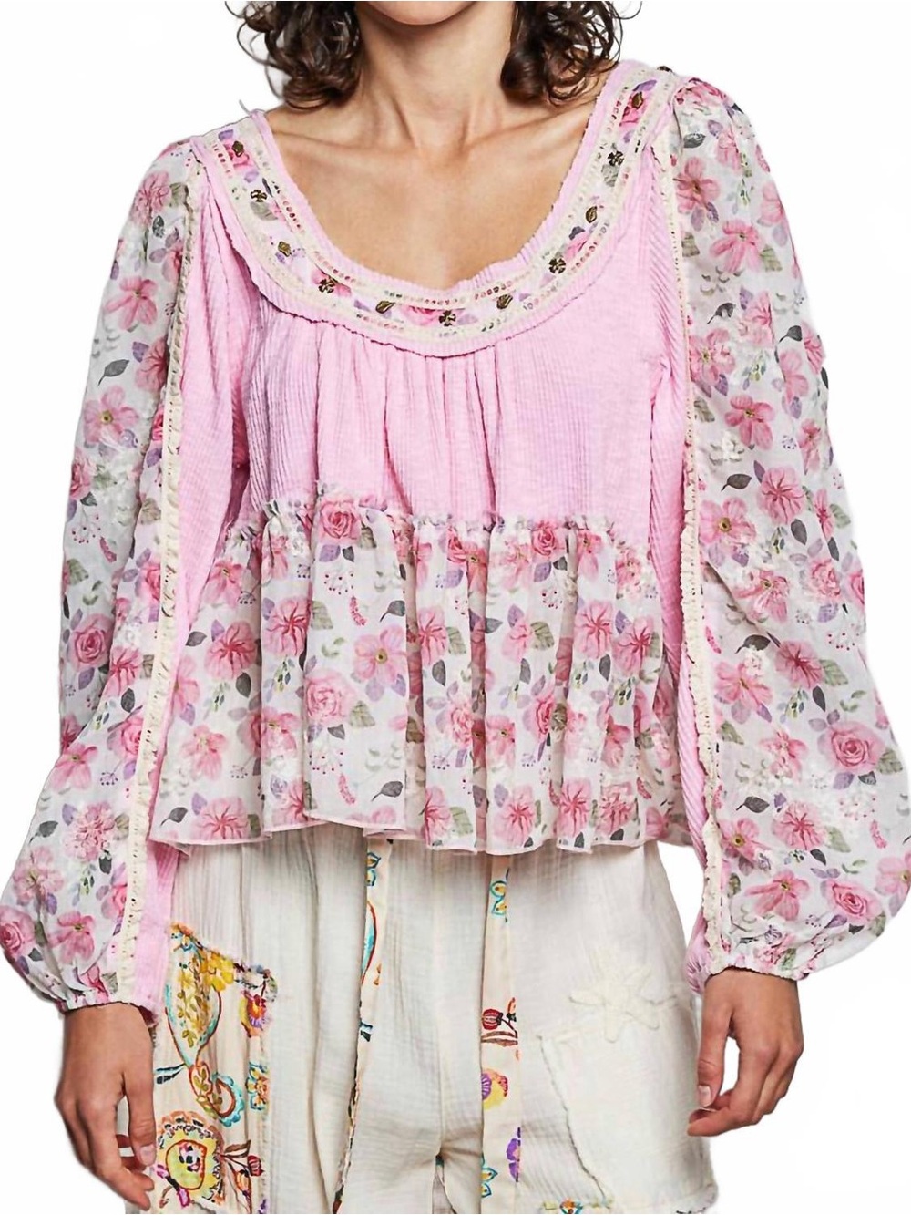 POL Boho Pink Floral Sheer Romantic Peasant cotton Blouse Top Free People style